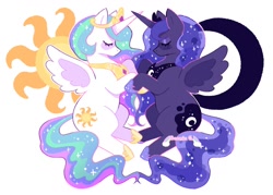 Size: 1200x861 | Tagged: safe, artist:sodabonnie, derpibooru import, princess celestia, princess luna, alicorn, pony, crescent moon, cute, duo, eyes closed, female, horn, horns are touching, mare, moon, profile, royal sisters, siblings, simple background, sisters, spread wings, sun, white background, wings