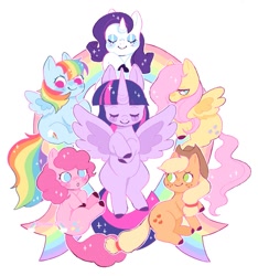 Size: 1125x1200 | Tagged: safe, artist:sodabonnie, derpibooru import, applejack, fluttershy, pinkie pie, rainbow dash, rarity, twilight sparkle, twilight sparkle (alicorn), alicorn, earth pony, pegasus, pony, unicorn, colored hooves, cute, eyes closed, female, hair over one eye, mane six, mare, no pupils, rainbow, smiling, spread wings, wings