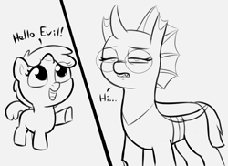 Size: 2584x1880 | Tagged: safe, artist:heretichesh, derpibooru import, oc, oc:yvette (evan555alpha), changeling, unicorn, ..., 2 panel comic, changeling oc, comic, cute, dialogue, dorsal fin, duo, eye clipping through hair, fangs, female, filfil, filly, foal, glasses, lidded eyes, looking up, monochrome, ocbetes, open mouth, pointing, raised hoof, raised leg, sketch, smiling, text, tired, ugh, unicorn oc, wat