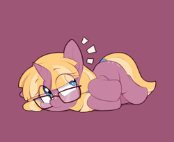 Size: 1858x1522 | Tagged: safe, artist:shinodage, oc, oc only, oc:butter berry, pony, unicorn, cute, emanata, female, filly, glasses, ocbetes, on side, simple background, solo, tail wrap, twintails