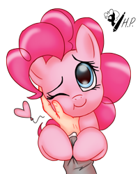 Size: 1869x2323 | Tagged: safe, artist:horsepen, pinkie pie, earth pony, human, pony, cute, hand, heart, one eye closed, petting, simple background, transparent background