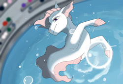 Size: 1280x871 | Tagged: safe, artist:witchtype, derpibooru import, oc, oc only, sea pony, seapony (g4), bubble, dorsal fin, fins, looking up, pink mane, smiling, solo, swimming pool, water