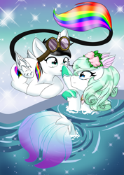 Size: 2059x2912 | Tagged: safe, artist:eternalcherryblossom, derpibooru import, oc, oc only, oc:lightning bliss, alicorn, pony, seapony (g4), black mane, blue eyes, boop, eyelashes, female, fish tail, flower, flower in hair, flowing tail, glasses, green mane, horn, ice, looking at each other, lying down, multicolored hair, open mouth, smiling, snow, sparkles, tail, water, wings