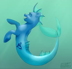 Size: 1280x1230 | Tagged: safe, artist:jusankikanxiii, derpibooru import, oc, oc only, hippocampus, hybrid, merpony, seapony (g4), dorsal fin, eyes closed, fish tail, flowing tail, logo, looking up, ocean, open mouth, open smile, smiling, solo, swimming, tail, teeth, underwater, water