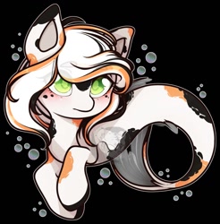 Size: 1257x1280 | Tagged: safe, artist:taiganotengoku, derpibooru import, edit, oc, oc only, merpony, seapony (g4), black background, blushing, bubble, fish tail, flowing tail, green eyes, logo, logo edit, simple background, solo, tail, watermark