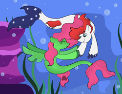 Size: 3850x2975 | Tagged: safe, artist:doodle-hooves, derpibooru import, oc, oc only, earth pony, pegasus, pony, seapony (g4), blushing, bubble, dorsal fin, eyes closed, fish tail, flowing tail, green eyes, looking at each other, ocean, seaponified, seaweed, smiling, solo, species swap, swimming, tail, underwater, unshorn fetlocks, water, wings