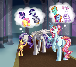 Size: 1700x1500 | Tagged: safe, alternate version, artist:maeveadair, derpibooru import, fleur-de-lis, fluttershy, lightning dust, nurse redheart, rarity, sassy saddles, starlight glimmer, zecora, oc, oc:princess healing glory, oc:princess mythic majestic, oc:tommy the human, alicorn, earth pony, hybrid, pegasus, pony, unicorn, zebra, adorable face, aunt and nephew, bandage, butt, canterlot castle, canterlot castle interior, child, colt, commissioner:bigonionbean, crying, cute, cutie mark, female, flank, fusion, fusion: princess healing glory, fusion:princess mythic majestic, hallway, loving gaze, magic, male, mare, plot, tears of pain, teary eyes, thought bubble, writer:bigonionbean