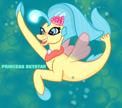 Size: 1668x1484 | Tagged: safe, artist:kiss-cute, derpibooru import, princess skystar, seapony (g4), my little pony: the movie, bioluminescent, blue background, blue eyes, blue mane, bubble, dorsal fin, eyelashes, female, fin wings, fins, fish tail, flower, flower in hair, flowing tail, freckles, glow, happy, high five, jewelry, necklace, open mouth, open smile, pearl, pearl necklace, simple background, smiling, solo, swimming, tail, teeth, underwater, wings