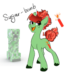 Size: 1519x1553 | Tagged: safe, artist:damayantiarts, derpibooru import, oc, oc:sugar bomb, earth pony, pony, creeper, cute, dynamite, explosives, freckles, frizzy hair, minecraft, ocbetes, ponified, solo, unshorn fetlocks