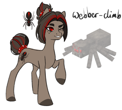 Size: 1656x1493 | Tagged: safe, artist:damayantiarts, derpibooru import, oc, oc:webber-climb, earth pony, pony, spider, freckles, hair bun, minecraft, one eye closed, ponified, solo, tail bun, wink