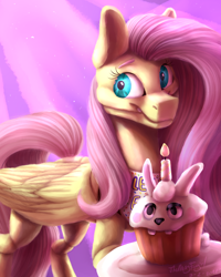 Size: 4000x5000 | Tagged: safe, artist:themessyfangirl, derpibooru import, angel bunny, fluttershy, pegasus, pony, robot, robot pony, animatronic, animatronic pony, cupcake, female, five nights at freddy's, flutterchica, food, mare