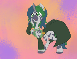 Size: 3300x2550 | Tagged: safe, alternate version, artist:leadhooves, derpibooru import, oc, oc only, oc:forest glade, hybrid, zony, belt, clothes, commission, detached sleeves, dress, ear piercing, heart eyes, horn, open mouth, piercing, raised hoof, raised leg, solo, unshorn fetlocks, wingding eyes