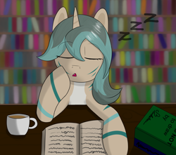 Size: 3400x3000 | Tagged: safe, artist:marbatra, derpibooru import, oc, oc:sea foam, hybrid, original species, shark, shark pony, book, coffee, desk, eyes closed, fangs, horn, library, onomatopoeia, open mouth, sleeping, sound effects, tiger shark, tiger shark pony, zzz