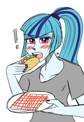 Size: 1100x1600 | Tagged: safe, artist:zachc, derpibooru import, sonata dusk, equestria girls, blushing, eating, female, food, looking at you, solo, taco