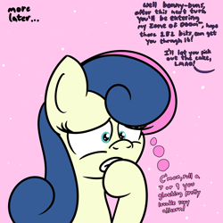 Size: 2000x2000 | Tagged: safe, artist:dafiltafish, derpibooru import, bon bon, sweetie drops, earth pony, pony, comic:day by day, dialogue, female, nervous, solo, thoughts