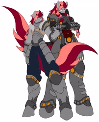 Size: 3496x4330 | Tagged: safe, artist:kurogetsuouji, derpibooru import, oc, oc only, oc:beast, oc:oath breaker, anthro, alternate hairstyle, anthro oc, armor, armored pony, before and after, duo, duo male, fantasy class, male, older, power armor, powered exoskeleton, scar, self paradox, stallion, two toned mane, two toned tail, warrior, younger