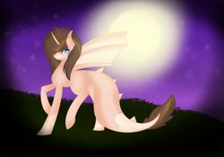 Size: 2442x1722 | Tagged: safe, artist:aonairfaol, derpibooru import, oc, oc only, dracony, dragon, hybrid, full moon, moon, night, raised hoof, raised leg, solo, stars