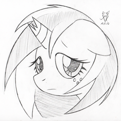 Size: 450x450 | Tagged: safe, artist:srmario, derpibooru import, oc, oc only, oc:doctiry, pony, unicorn, broken horn, eyelashes, female, grayscale, horn, mare, monochrome, sad, solo, traditional art, unicorn oc