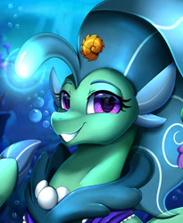 Size: 1280x1562 | Tagged: safe, artist:pridark, derpibooru import, oc, oc only, oc:princess sealight, seapony (g4), beautiful, bioluminescent, blue background, blue mane, bubble, bust, commission, coral, crepuscular rays, cute, eye reflection, eyelashes, female, fin wings, fins, flowing mane, glow, jewelry, lidded eyes, looking at you, necklace, ocean, pearl necklace, portrait, purple eyes, reflection, seashell, simple background, smiling, smiling at you, solo, sunlight, teeth, underwater, water, wings
