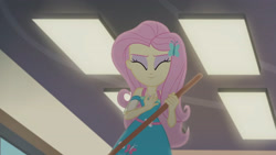 Size: 3410x1920 | Tagged: safe, derpibooru import, screencap, fluttershy, better together, equestria girls, so much more to me, broom, eyes closed, female, geode of fauna, hairpin, jewelry, magical geodes, necklace, smiling, solo