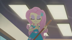 Size: 3410x1920 | Tagged: safe, derpibooru import, screencap, fluttershy, better together, equestria girls, so much more to me, broom, eyes closed, female, geode of fauna, hairpin, jewelry, magical geodes, necklace, smiling, solo