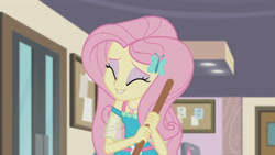 Size: 3410x1920 | Tagged: safe, derpibooru import, screencap, fluttershy, better together, equestria girls, so much more to me, broom, eyes closed, female, geode of fauna, hairpin, jewelry, magical geodes, necklace, smiling, solo