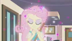 Size: 3410x1920 | Tagged: safe, derpibooru import, screencap, fluttershy, better together, equestria girls, so much more to me, broom, evil grin, eyes closed, female, geode of fauna, grin, jewelry, magical geodes, necklace, smiling, smirk, solo