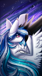 Size: 2000x3600 | Tagged: safe, artist:inspiredpixels, derpibooru import, oc, oc only, oc:marie pixel, pegasus, pony, colored hooves, colored wings, crescent moon, female, flying, mare, moon, night, night sky, sky, solo, spread wings, starry night, two toned wings, wings