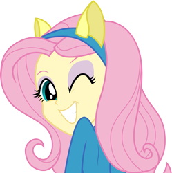 Size: 3000x3013 | Tagged: safe, artist:cloudyglow, derpibooru import, fluttershy, equestria girls, equestria girls (movie), grin, looking at you, looking back, looking back at you, one eye closed, smiling, solo, vector, wink, winking at you