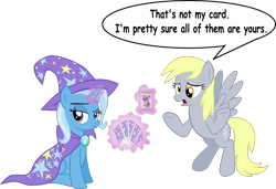 Size: 1644x1127 | Tagged: safe, artist:cinder vel, derpibooru import, derpy hooves, trixie, twilight sparkle, pegasus, pony, unicorn, card, literal, magic trick, simple background, transparent background