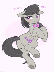 Size: 1180x1590 | Tagged: safe, artist:higglytownhero, derpibooru import, octavia melody, earth pony, pony, butt, cute, dialogue, ears, female, floppy ears, i'm not cute, lidded eyes, looking back, mare, plot, solo, tavibetes, tsundere, tsuntavia