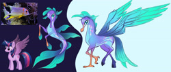 Size: 4544x1926 | Tagged: safe, artist:angela an, derpibooru import, twilight sparkle, twilight sparkle (alicorn), alicorn, fish, hippogriff, pony, seapony (g4), my little pony: the movie, beak, blue eyes, claws, concept art, feather, female, fin wings, fins, fish tail, horn, looking at you, mare, purple eyes, smiling, spread wings, tail, wings