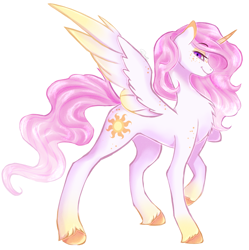 Size: 3111x3118 | Tagged: safe, artist:damayantiarts, derpibooru import, princess celestia, alicorn, pony, chest fluff, colored wings, curved horn, female, freckles, gradient hooves, gradient wings, horn, looking at you, mare, pink-mane celestia, raised hoof, raised leg, solo, spread wings, teenager, unshorn fetlocks, wings, young celestia, younger