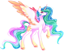 Size: 4902x3888 | Tagged: safe, artist:damayantiarts, derpibooru import, princess celestia, alicorn, pony, colored wings, curved horn, ethereal mane, ethereal tail, female, freckles, gradient hooves, gradient wings, horn, looking at you, mare, raised hoof, raised leg, solo