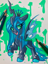 Size: 2661x3563 | Tagged: safe, artist:breloomsgarden, artist:emberslament, derpibooru import, queen chrysalis, changeling, collaboration, colored pencil drawing, colored pencils, crown, fangs, female, high res, jewelry, open mouth, photo, regalia, simple background, solo, traditional art