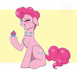 Size: 4096x3897 | Tagged: safe, artist:confetticakez, derpibooru import, bubble berry, pinkie pie, earth pony, pony, blushing, bowtie, cupcake, food, grin, looking at you, male, one eye closed, pride, pride flag, rule 63, smiling, smiling at you, solo, trans male, transgender, transgender pride flag, wink