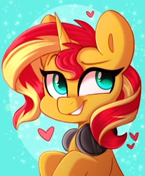 Size: 1693x2048 | Tagged: safe, artist:sakukitty, derpibooru import, sunset shimmer, pony, unicorn, bust, cute, female, headphones, heart, mare, shimmerbetes, smiling, solo