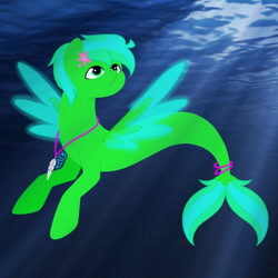 Size: 883x883 | Tagged: safe, artist:mekeila13, derpibooru import, oc, oc only, pegasus, pony, seapony (g4), crepuscular rays, dark, fin wings, fish tail, flowing tail, jewelry, looking up, necklace, ocean, photo, seaponified, solo, species swap, spread wings, sunlight, tail, underwater, water, wings