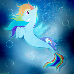 Size: 1000x1000 | Tagged: safe, artist:knoxsauce, derpibooru import, rainbow dash, pegasus, pony, seapony (g4), blue background, bubble, dorsal fin, female, fin wings, fish tail, flowing mane, flowing tail, grin, ocean, pink eyes, seaponified, seapony rainbow dash, simple background, smiling, solo, species swap, tail, teeth, underwater, water, wings