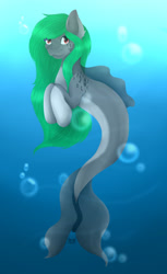 Size: 1914x3132 | Tagged: safe, artist:galaxyember, derpibooru import, oc, oc only, merpony, seapony (g4), bubble, crepuscular rays, dorsal fin, fish tail, flowing mane, flowing tail, green mane, looking at you, ocean, red eyes, signature, smiling, solo, sunlight, tail, underwater, water