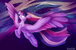 Size: 5000x3300 | Tagged: safe, artist:neonishe, derpibooru import, twilight sparkle, twilight sparkle (alicorn), alicorn, pony, colored wings, colored wingtips, flying, glowing eyes, horn, rainbow power, solo, wings