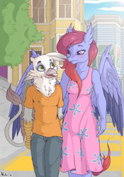 Size: 2104x3000 | Tagged: safe, artist:neko-me, derpibooru import, oc, oc only, oc:blake, oc:kelsie, anthro, griffon, hippogriff, anthro oc, blushing, building, clothes, commission, couple, crosswalk, dress, eye contact, female, griffon oc, hippogriff oc, interspecies, jeans, looking at each other, male, oc x oc, pants, shipping, straight, sundress, t-shirt, tree, walking, wings