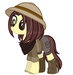 Size: 2125x2203 | Tagged: safe, alternate version, artist:aurorakaufmann, derpibooru exclusive, derpibooru import, oc, oc only, oc:safari sunset, earth pony, pony, bandana, belt, boots, clothes, female, hat, mare, shirt, shoes, shorts, simple background, solo, transparent background