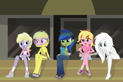 Size: 7457x5006 | Tagged: safe, artist:geekladd, derpibooru import, oc, oc only, oc:boo, oc:puppysmiles, oc:scotch tape, oc:serenity (fallout equestria: heroes), oc:silver bell, fallout equestria, fallout equestria: heroes, fallout equestria: pink eyes, fallout equestria: project horizons, equestria girls, amputee, barefoot, equestria girls-ified, fanfic art, feet, female, group, prosthetic limb, prosthetics, radiation suit