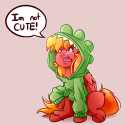 Size: 4000x4000 | Tagged: safe, artist:witchtaunter, derpibooru import, oc, oc only, earth pony, pegasus, pony, angry, animal costume, animal onesie, blatant lies, blushing, clothes, commission, costume, dinosaur costume, female, hoodie, i'm not cute, kigurumi, onesie, simple background, sitting, solo, speech bubble, upset