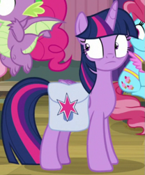 Size: 521x625 | Tagged: safe, derpibooru import, screencap, cup cake, pinkie pie, spike, twilight sparkle, twilight sparkle (alicorn), alicorn, dragon, pony, a trivial pursuit, season 9, bag, cropped, female, mare, saddle bag, shocked, surprised, winged spike