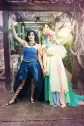 Size: 1364x2048 | Tagged: safe, artist:mieucosplay, artist:sarahndipity cosplay, derpibooru import, princess celestia, princess luna, human, babscon, babscon 2018, bare shoulders, clothes, cosplay, costume, holding hands, irl, irl human, photo, sleeveless, strapless