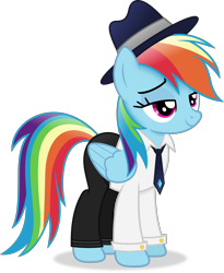 Size: 3936x4799 | Tagged: safe, artist:anime-equestria, derpibooru import, rainbow dash, pegasus, clothes, fedora, female, hat, lidded eyes, mare, necktie, pants, simple background, smiling, solo, suit, transparent background, vector, wings