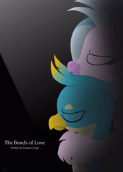 Size: 2950x4100 | Tagged: safe, artist:johnerose126, derpibooru import, gallus, silverstream, classical hippogriff, griffon, hippogriff, fanfic, fanfic art, fanfic cover, female, gallstream, hug, interspecies, male, shipping, straight, winghug, wings
