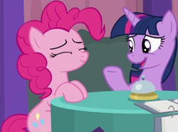 Size: 1259x936 | Tagged: safe, derpibooru import, screencap, pinkie pie, twilight sparkle, twilight sparkle (alicorn), alicorn, earth pony, pony, a trivial pursuit, season 9, spoiler:s09, bell, cropped, cute, diapinkes, duo, duo female, eyes closed, female, mare, twiabetes
